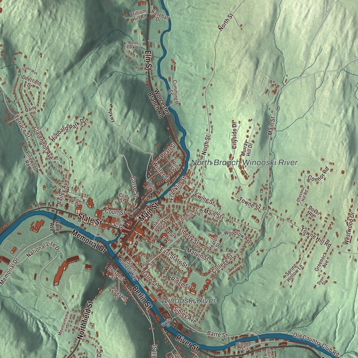Terrain and local geography detail from the Montpelier, Vermont map