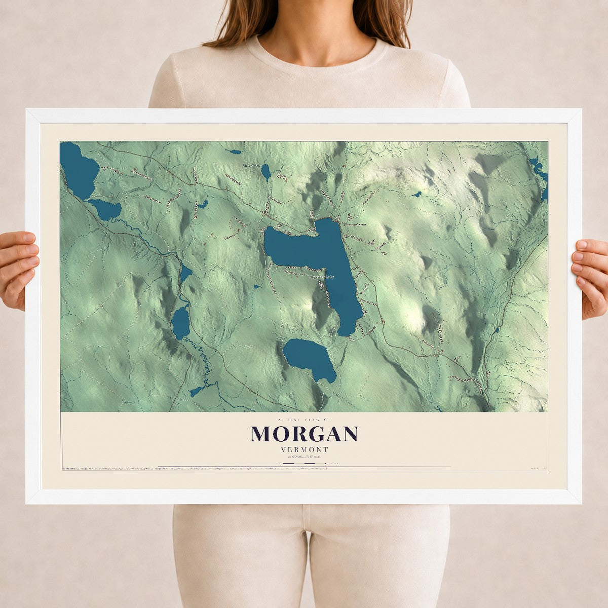 Map of Morgan, Vermont, 18 x 24 inch print in a white wood frame