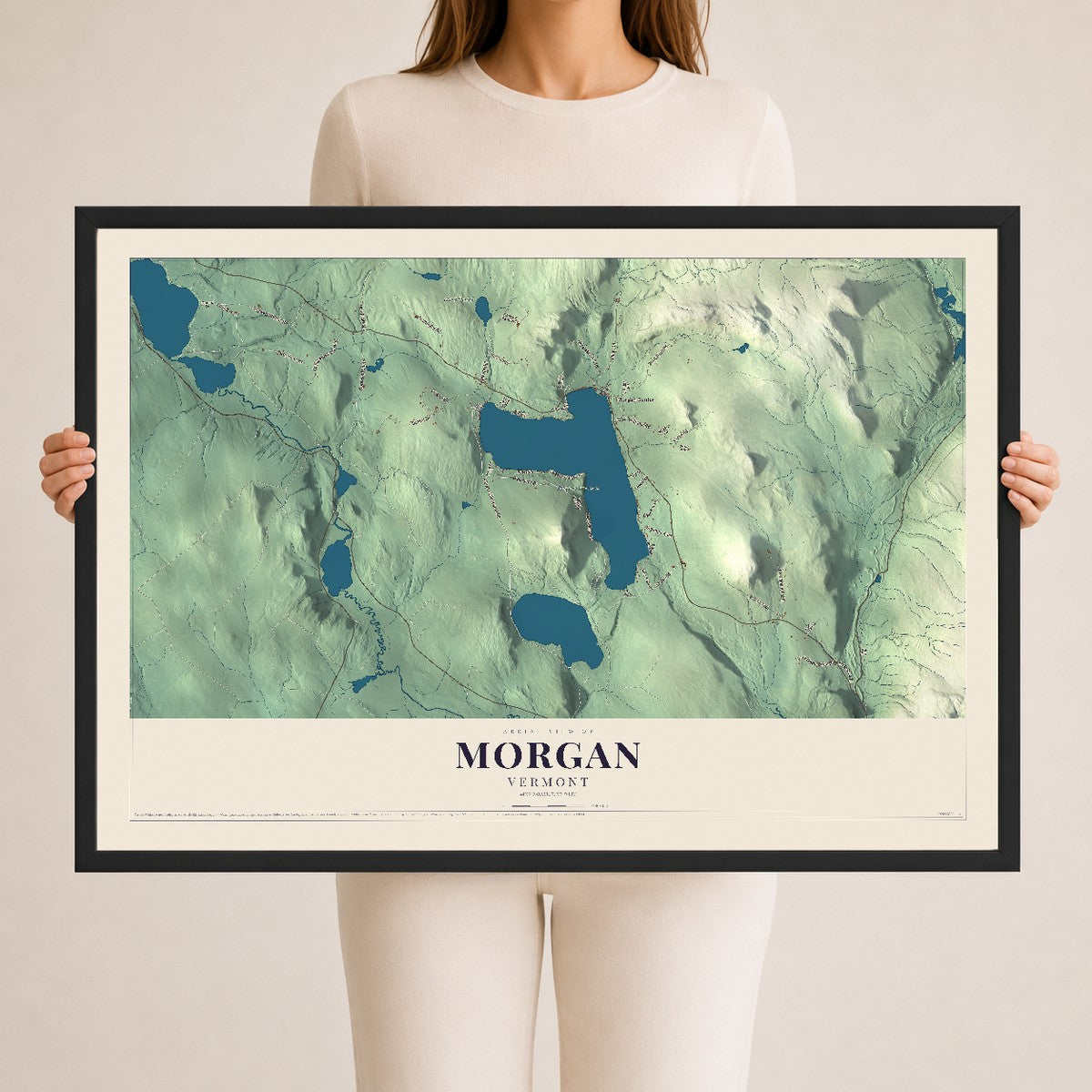 Map of Morgan, Vermont, 24 x 36 inch print in a black wood frame