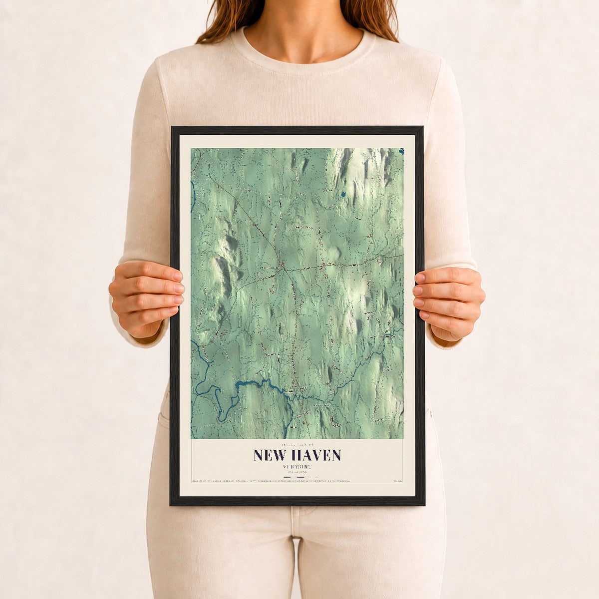 New Haven, Vermont map print - 12 x 18 black Ayous wood frame