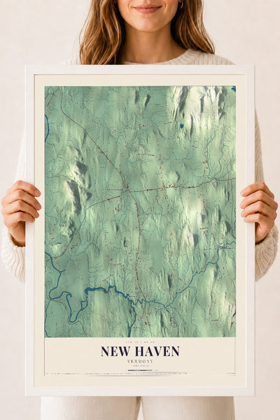 New Haven, Vermont map print - 18 x 24 white Ayous wood frame