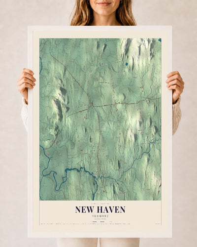 New Haven, Vermont map print - 24 x 36 white Ayous wood frame