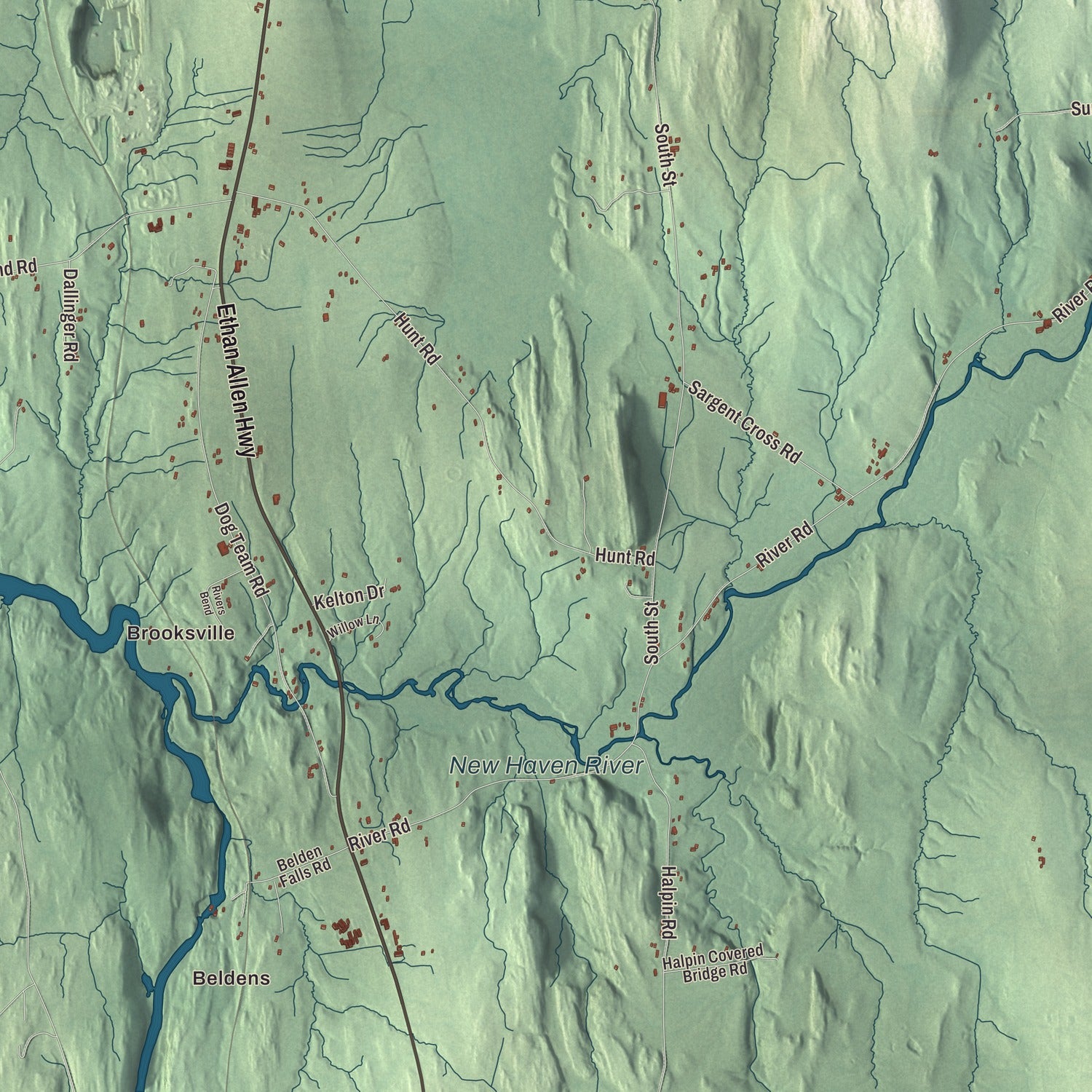 Terrain and local geography detail from the New Haven, Vermont map