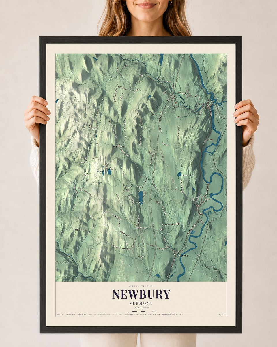 Newbury, Vermont map print - 24 x 36 black Ayous wood frame