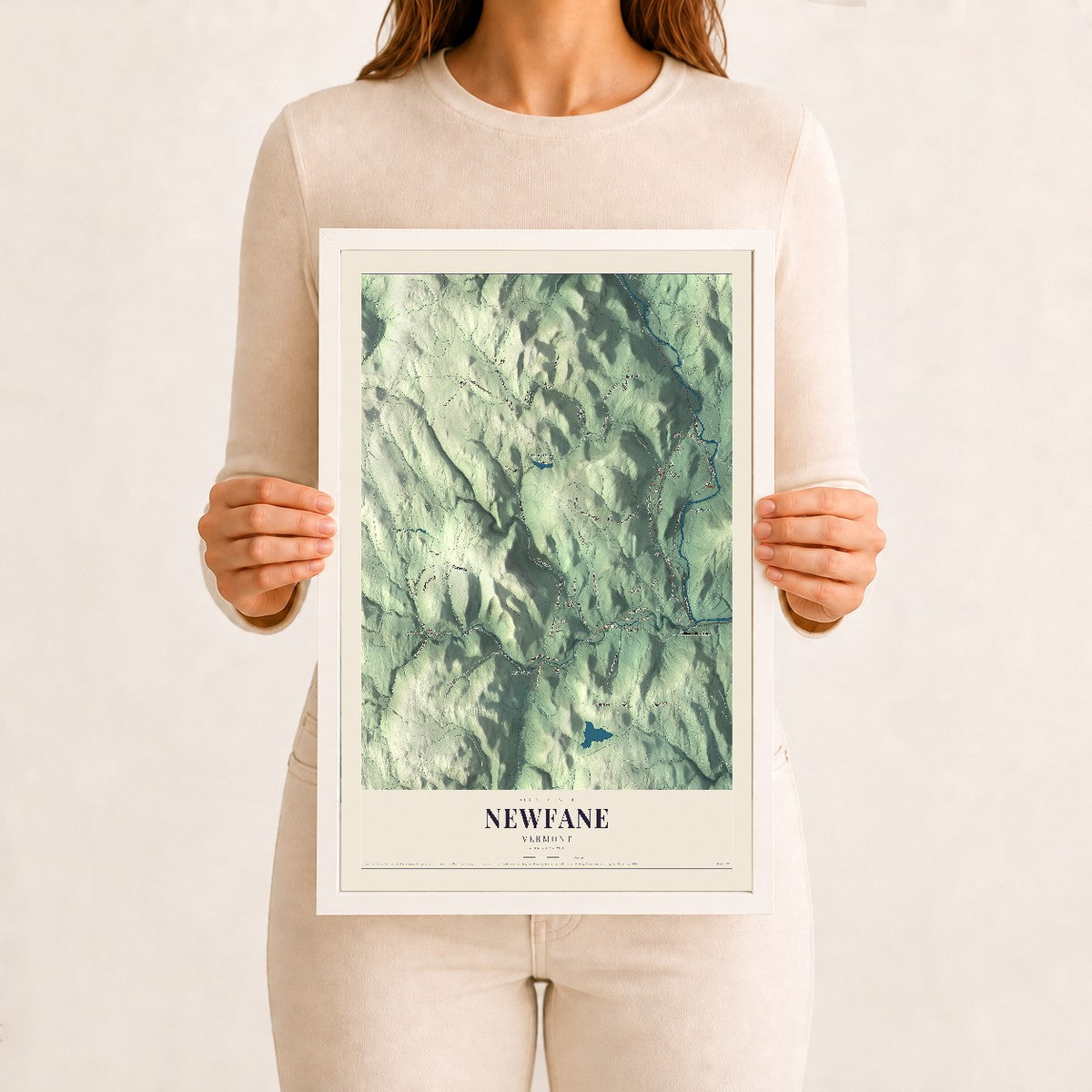 Newfane, Vermont map print - 12 x 18 white Ayous wood frame