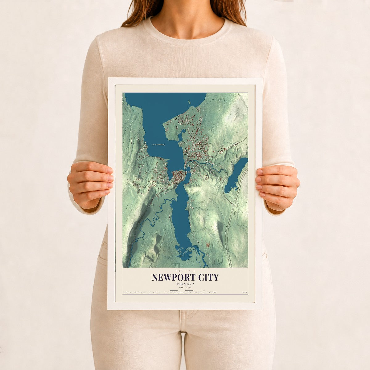 Newport City, Vermont map print - 12 x 18 white Ayous wood frame