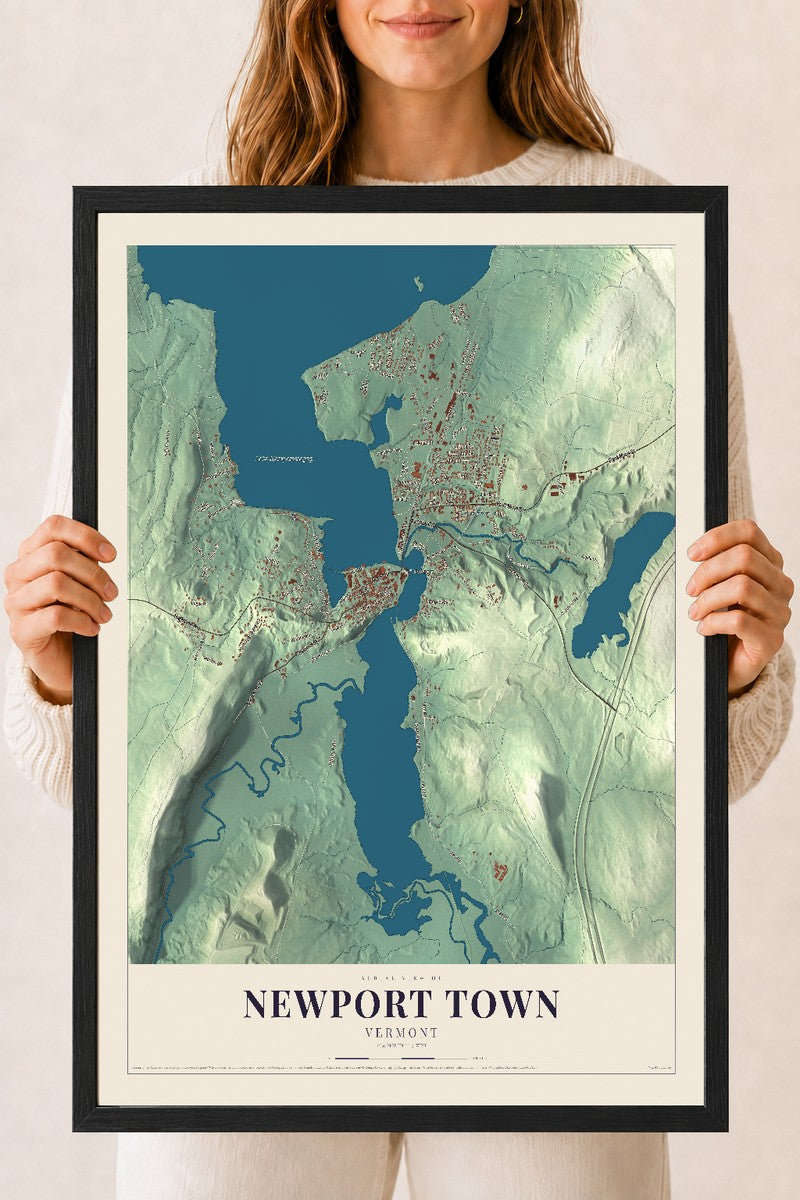 Newport Town, Vermont map print - 18 x 24 black Ayous wood frame