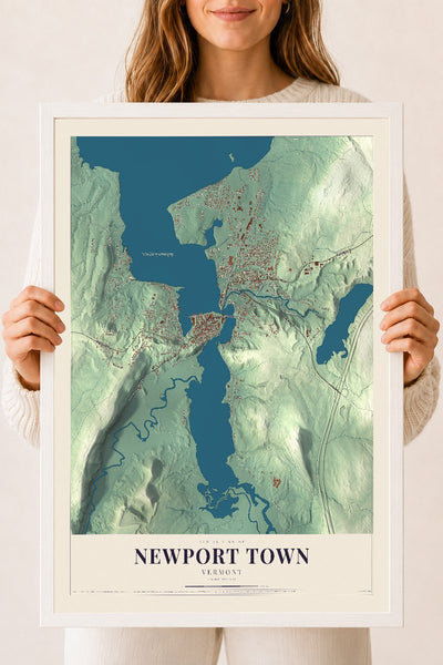 Newport Town, Vermont map print - 18 x 24 white Ayous wood frame