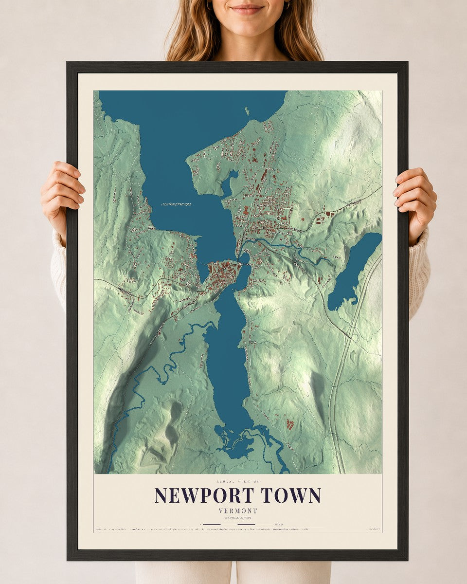 Newport Town, Vermont map print - 24 x 36 black Ayous wood frame