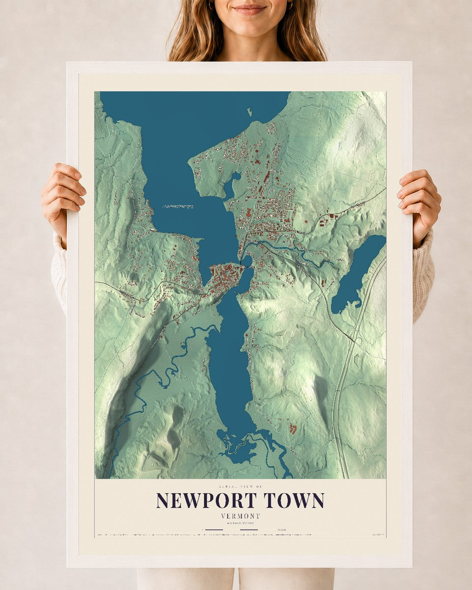 Newport Town, Vermont map print - 24 x 36 white Ayous wood frame