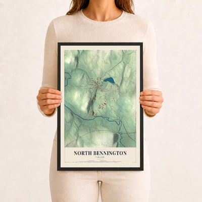 North Bennington, Vermont map print - 12 x 18 black Ayous wood frame