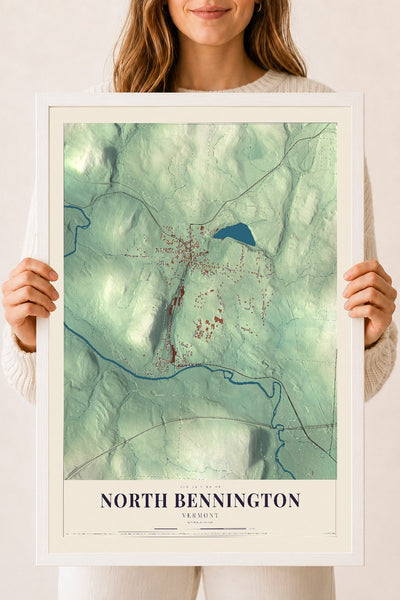 North Bennington, Vermont map print - 18 x 24 white Ayous wood frame