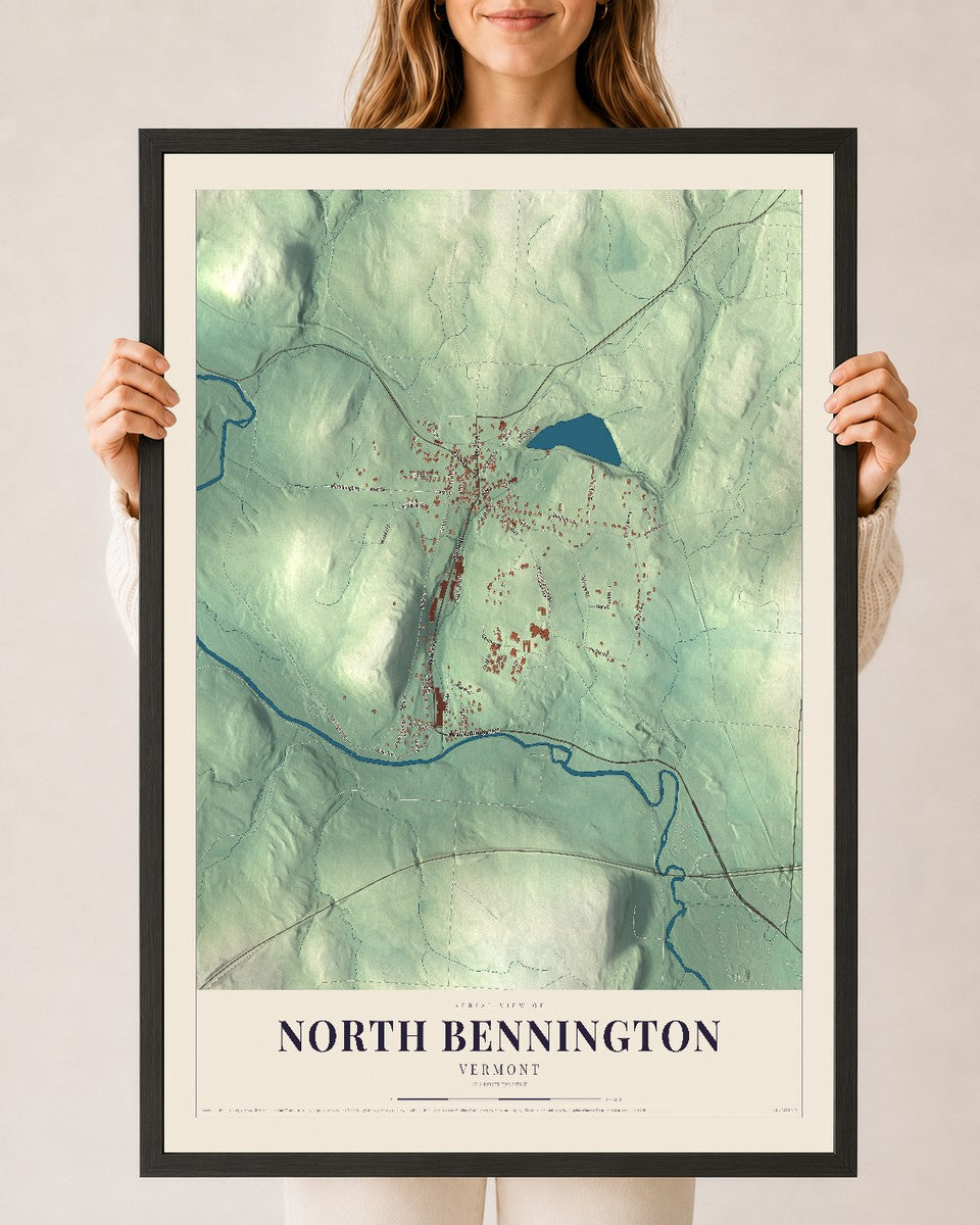 North Bennington, Vermont map print - 24 x 36 black Ayous wood frame