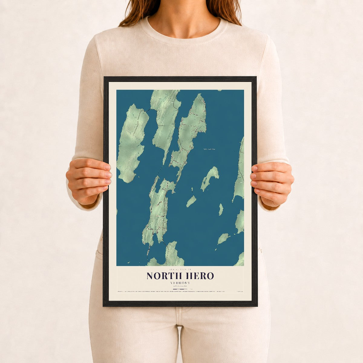 North Hero, Vermont map print - 12 x 18 black Ayous wood frame