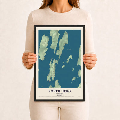North Hero, Vermont map print - 12 x 18 black Ayous wood frame