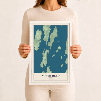 North Hero, Vermont map print - 12 x 18 white Ayous wood frame