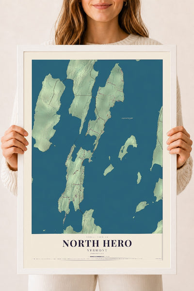 North Hero, Vermont map print - 18 x 24 white Ayous wood frame