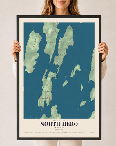 North Hero, Vermont map print - 24 x 36 black Ayous wood frame