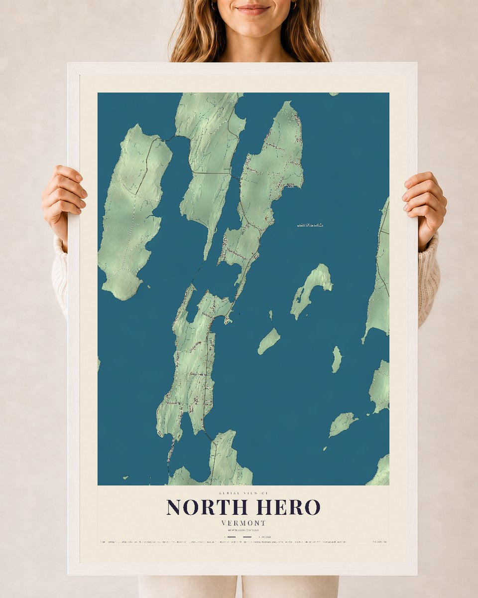 North Hero, Vermont map print - 24 x 36 white Ayous wood frame