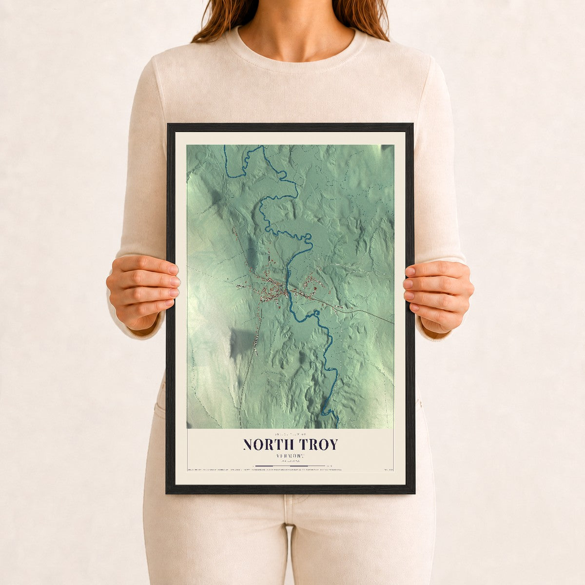 North Troy, Vermont map print - 12 x 18 black Ayous wood frame