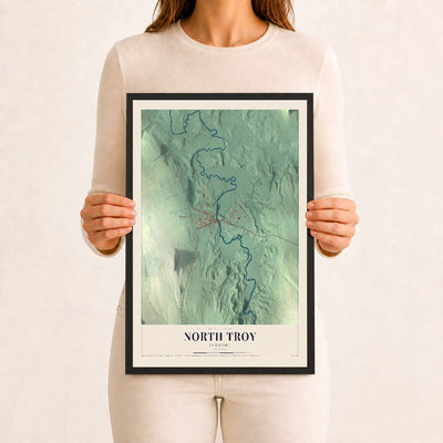 North Troy, Vermont map print - 12 x 18 black Ayous wood frame