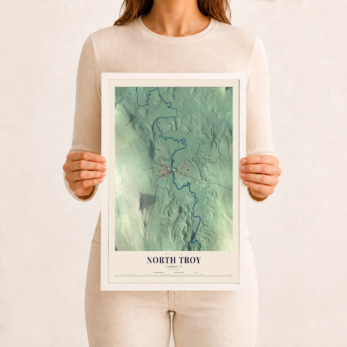 North Troy, Vermont map print - 12 x 18 white Ayous wood frame