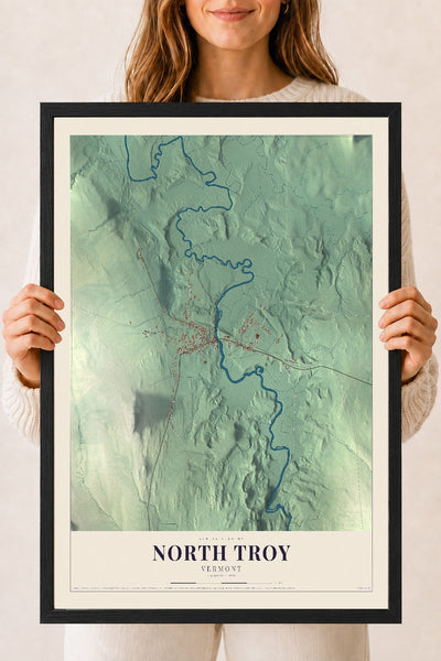 North Troy, Vermont map print - 18 x 24 black Ayous wood frame