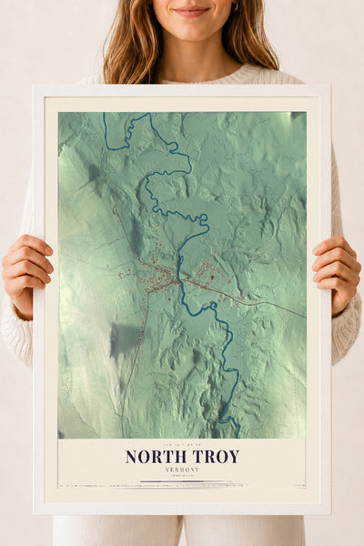 North Troy, Vermont map print - 18 x 24 white Ayous wood frame