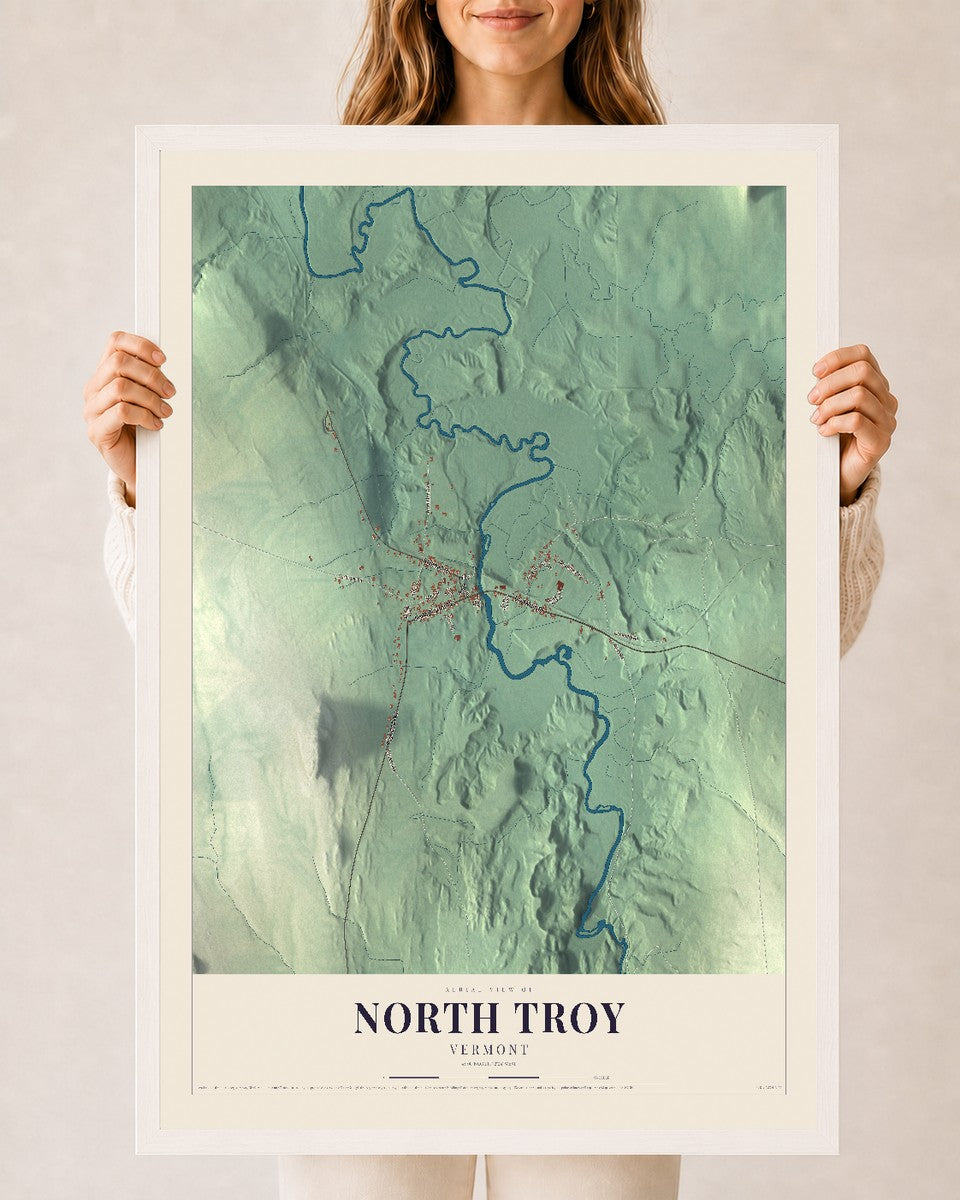 North Troy, Vermont map print - 24 x 36 white Ayous wood frame