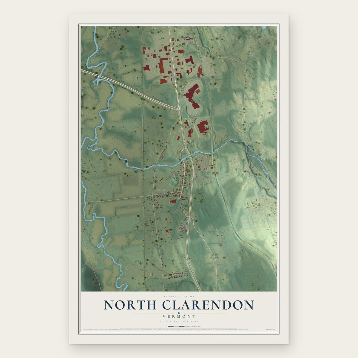 North Clarendon, Vermont map print, the full design
