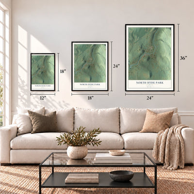 North Hyde Park, Vermont map in 12 x 18, 18 x 24 and 24 x 36 inch sizes above a sofa