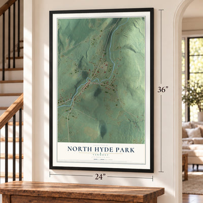 North Hyde Park, Vermont map, 24 x 36 inch print in a black frame by a staircase