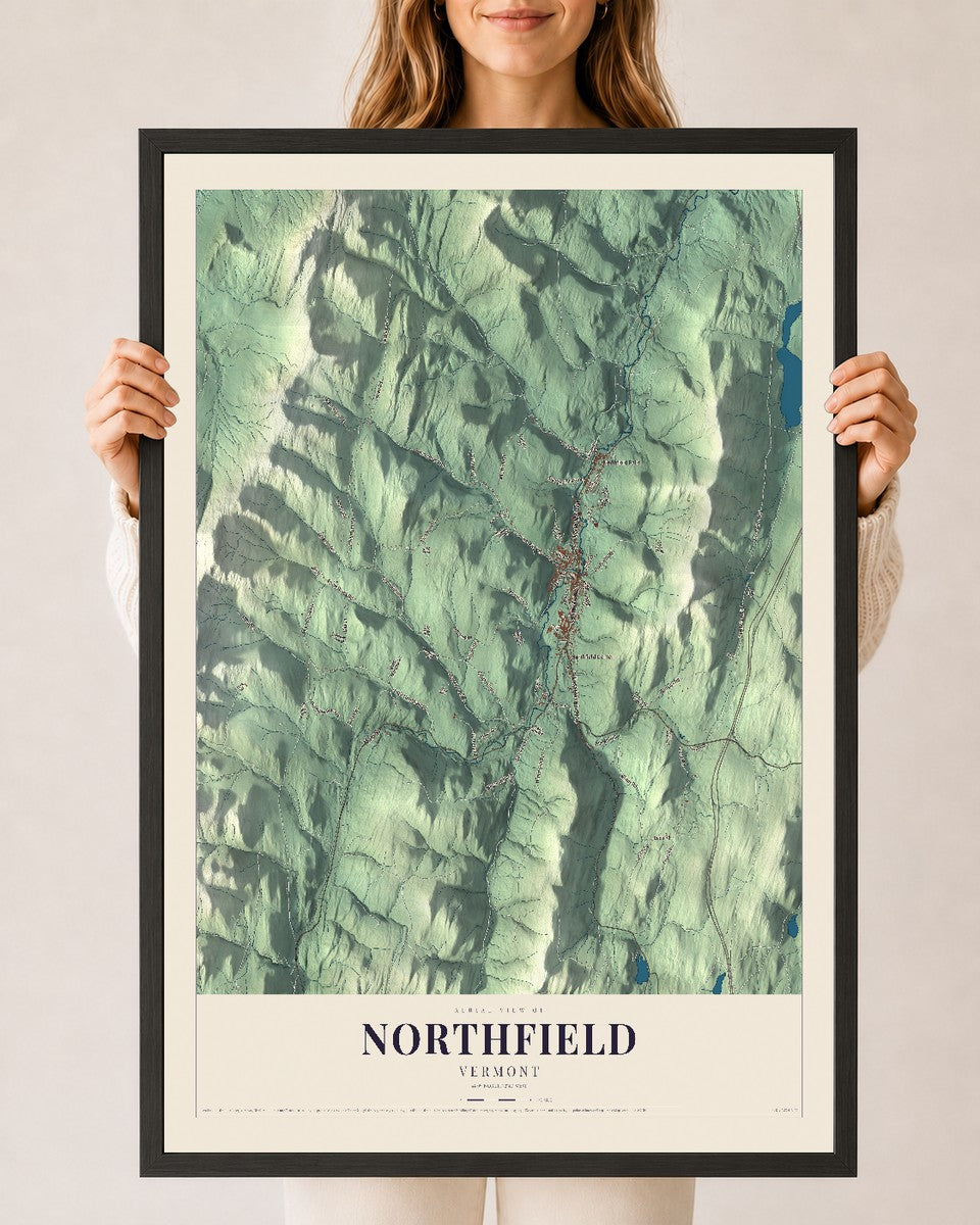 Northfield, Vermont map print - 24 x 36 black Ayous wood frame