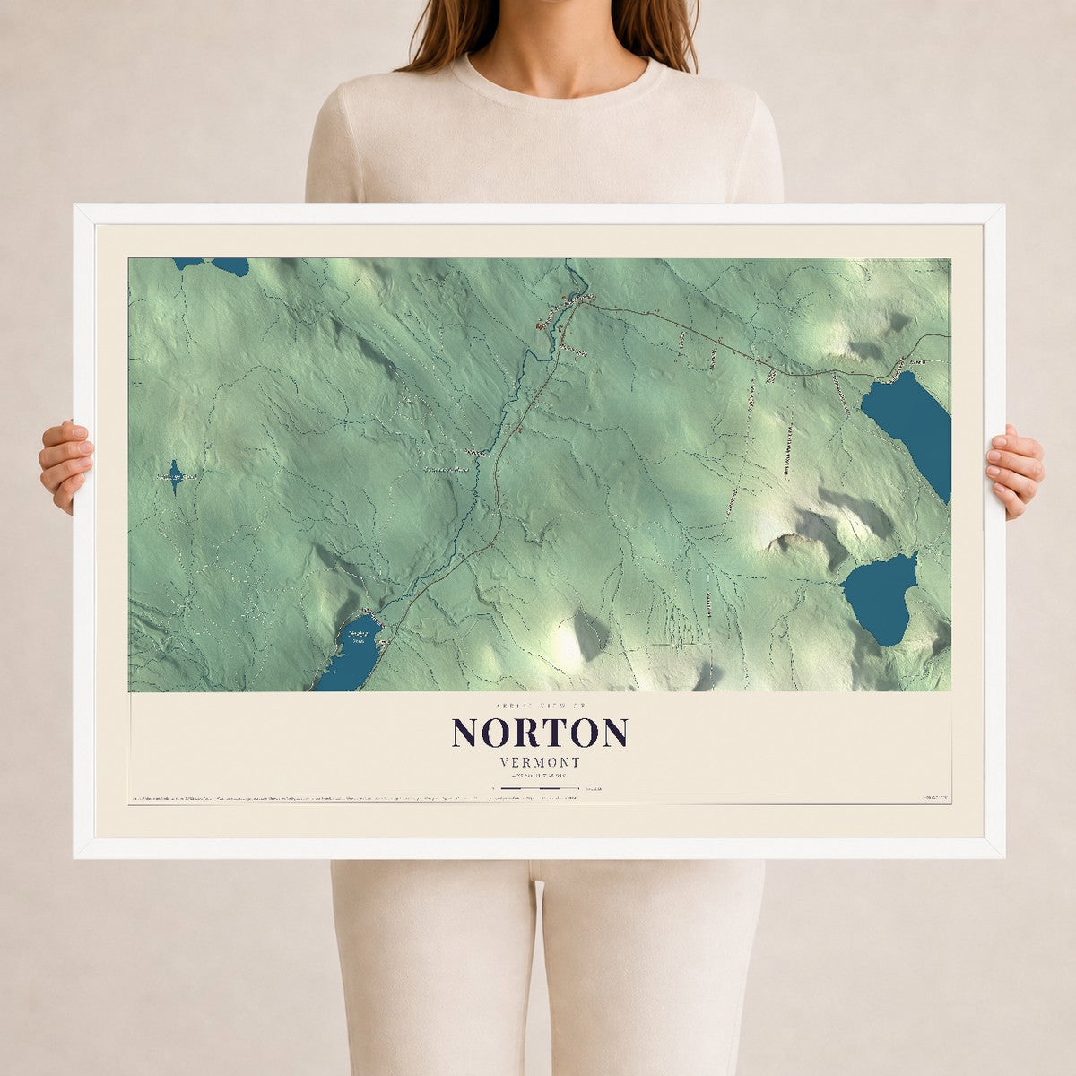 Map of Norton, Vermont, 24 x 36 inch print in a white wood frame