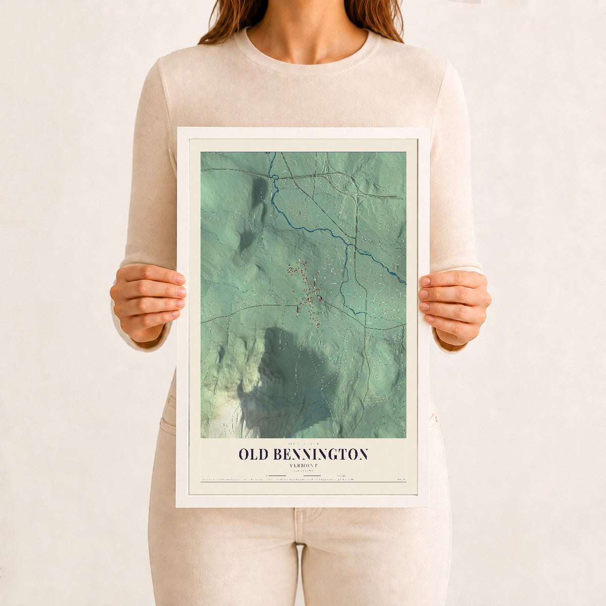 Old Bennington, Vermont map print - 12 x 18 white Ayous wood frame
