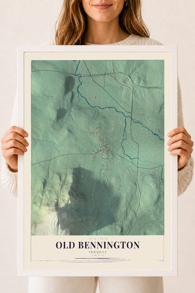 Old Bennington, Vermont map print - 18 x 24 white Ayous wood frame