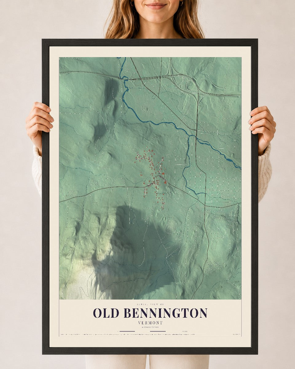Old Bennington, Vermont map print - 24 x 36 black Ayous wood frame