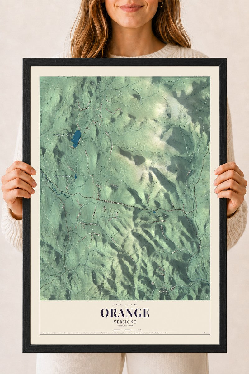 Orange, Vermont map print - 18 x 24 black Ayous wood frame