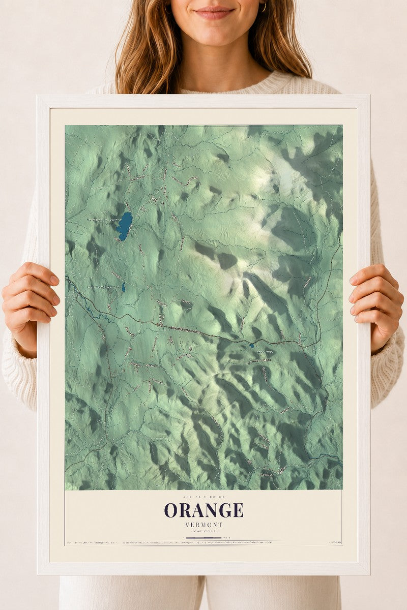 Orange, Vermont map print - 18 x 24 white Ayous wood frame