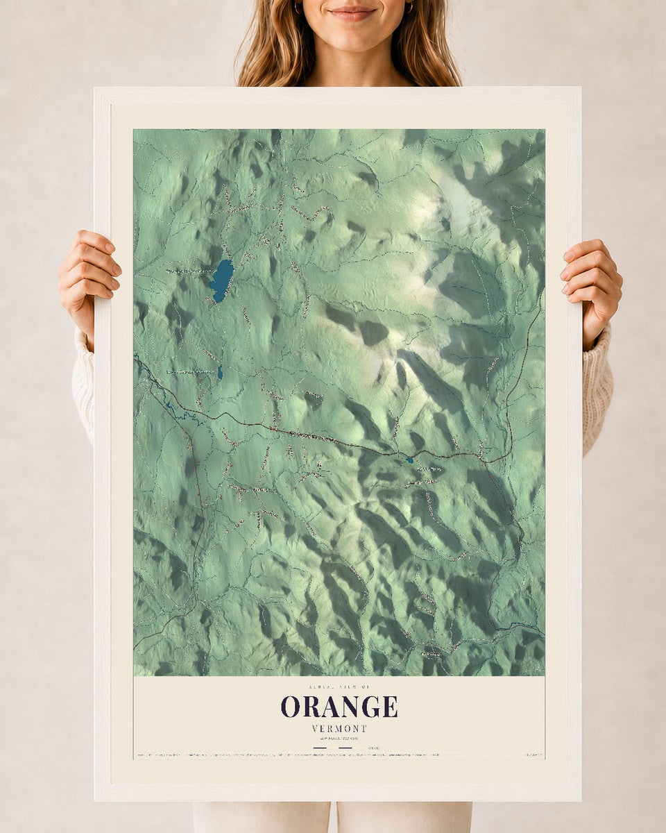 Orange, Vermont map print - 24 x 36 white Ayous wood frame