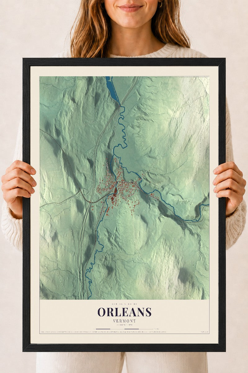 Orleans, Vermont map print - 18 x 24 black Ayous wood frame