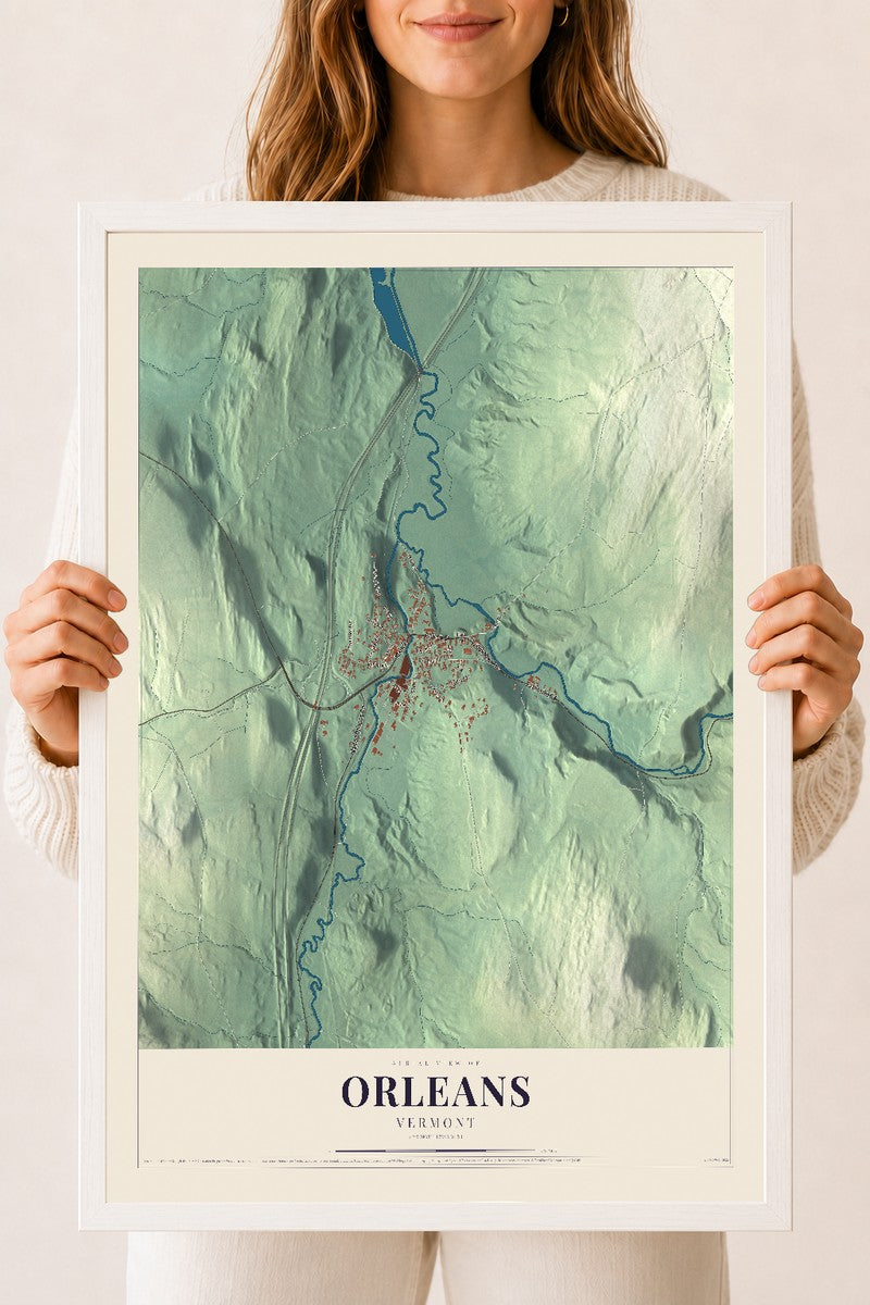 Orleans, Vermont map print - 18 x 24 white Ayous wood frame