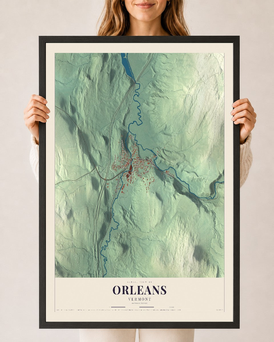 Orleans, Vermont map print - 24 x 36 black Ayous wood frame