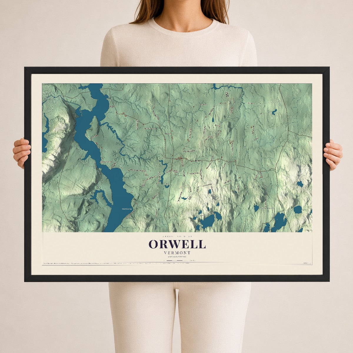 Map of Orwell, Vermont, 24 x 36 inch print in a black wood frame