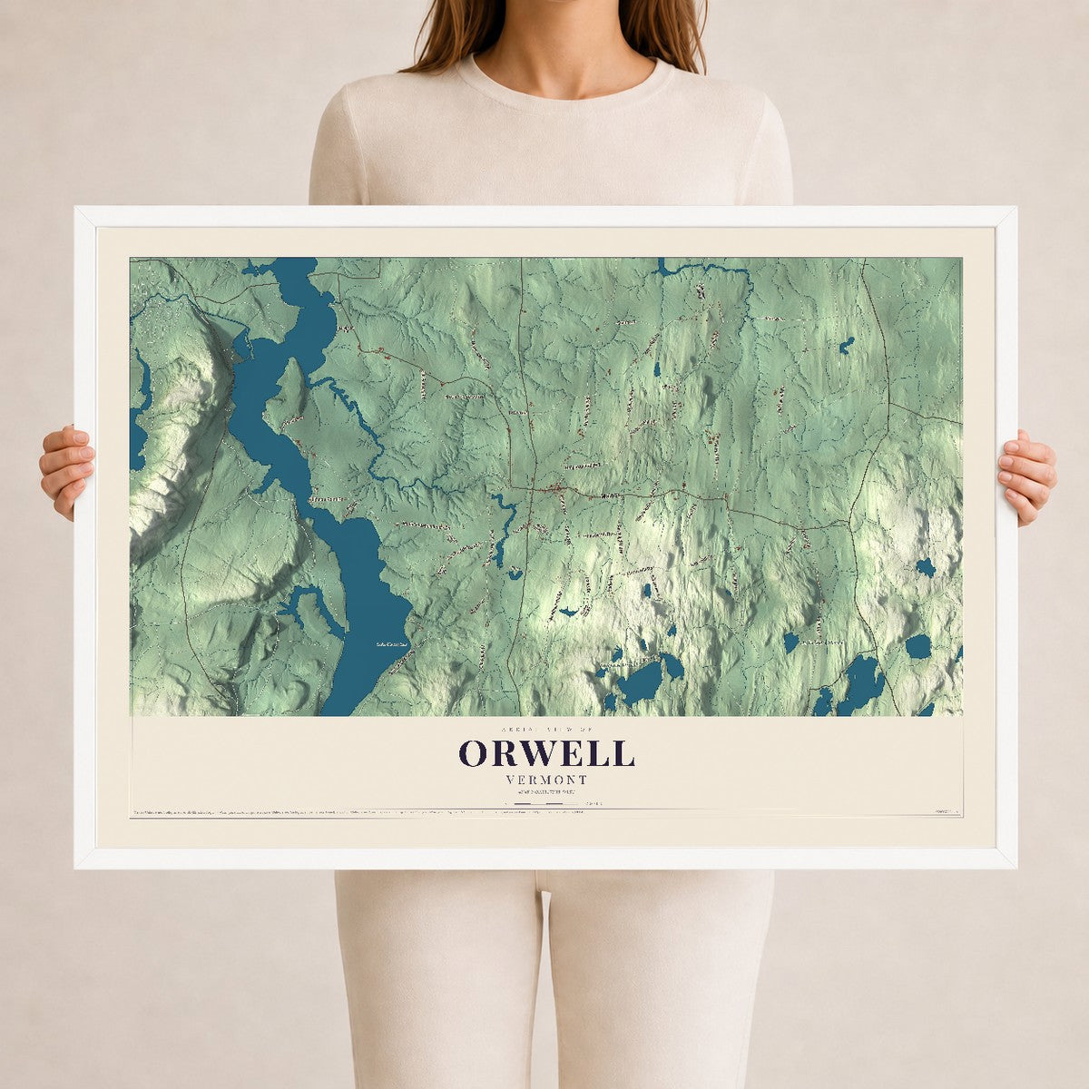 Map of Orwell, Vermont, 24 x 36 inch print in a white wood frame