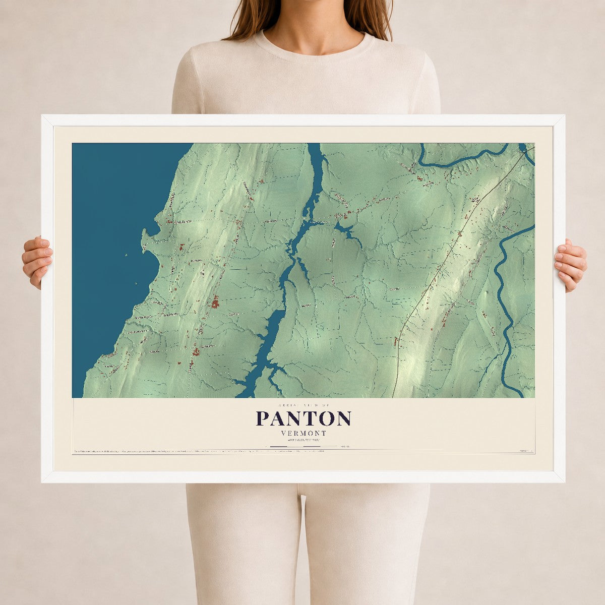 Map of Panton, Vermont, 24 x 36 inch print in a white wood frame
