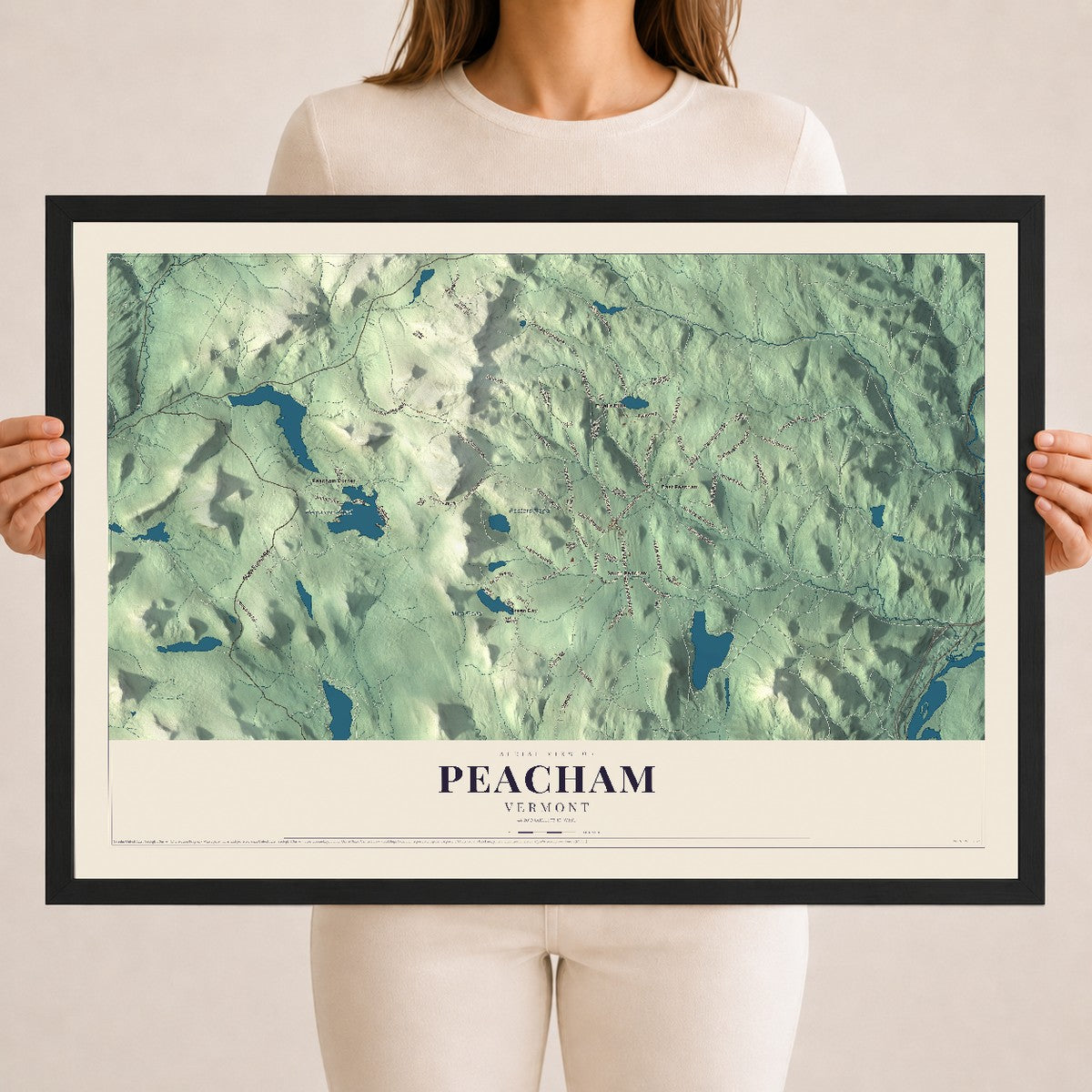 Map of Peacham, Vermont, 18 x 24 inch print in a black wood frame