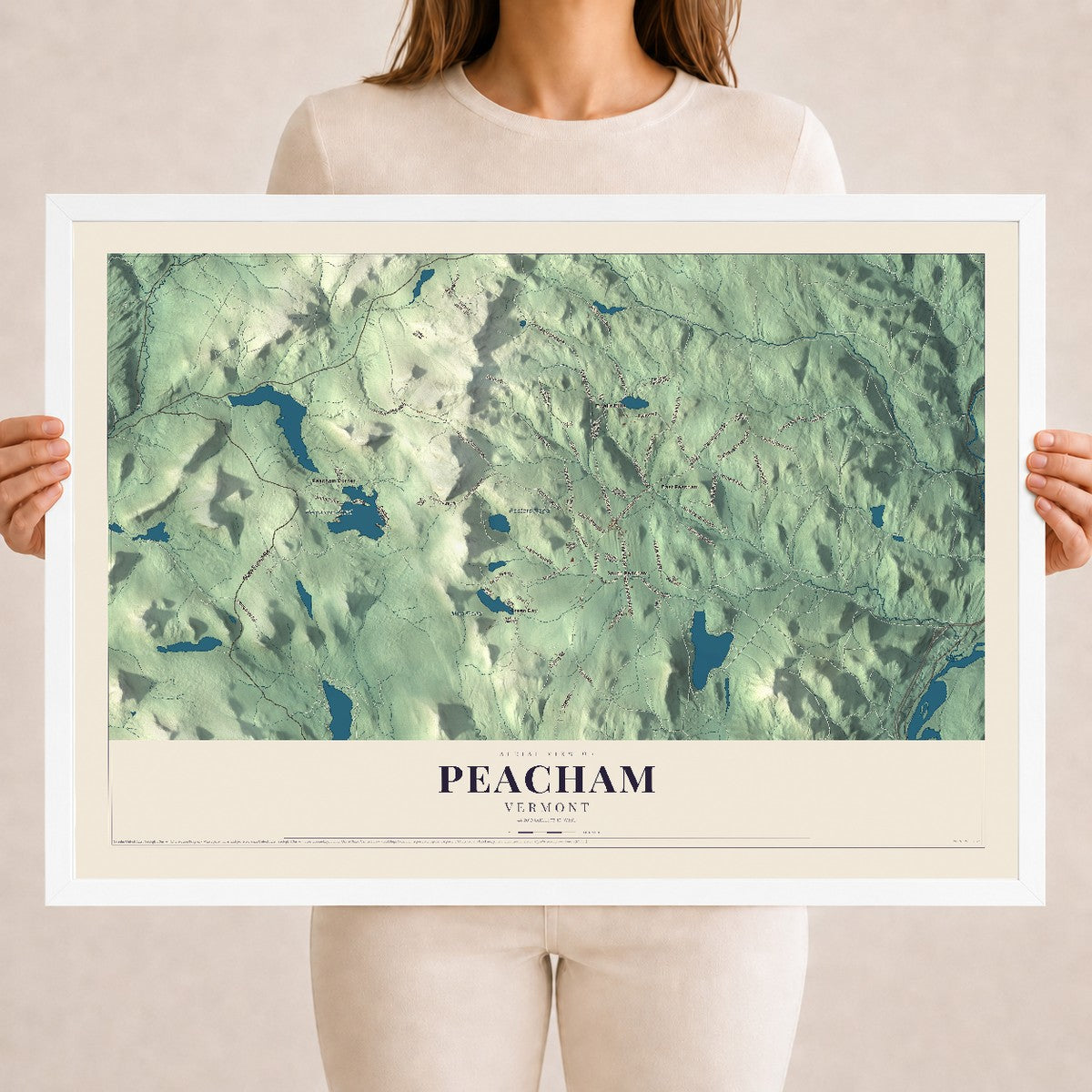Map of Peacham, Vermont, 18 x 24 inch print in a white wood frame