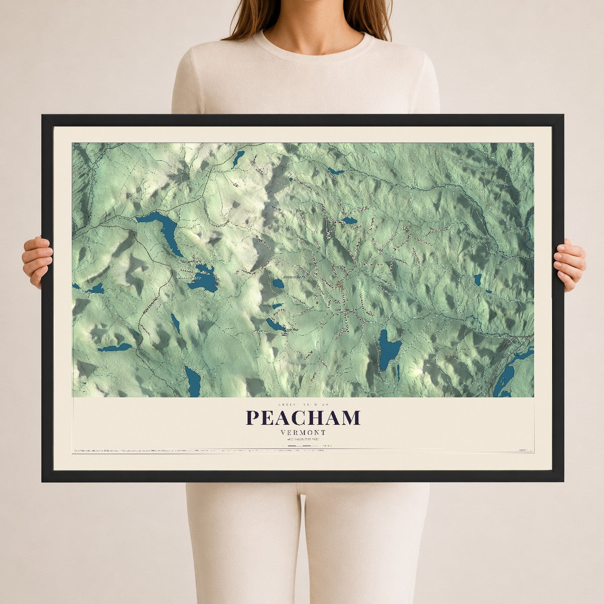 Map of Peacham, Vermont, 24 x 36 inch print in a black wood frame