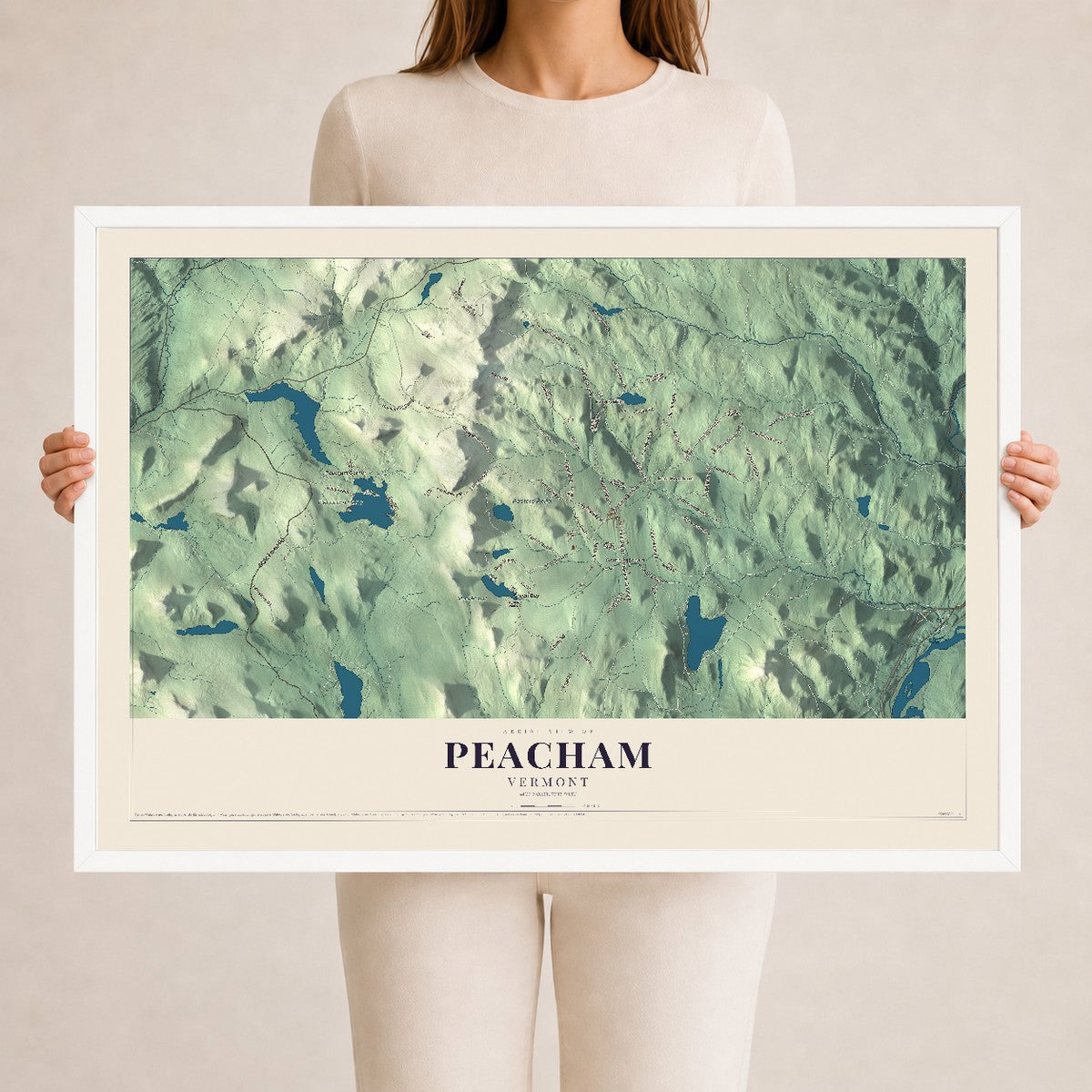 Map of Peacham, Vermont, 24 x 36 inch print in a white wood frame